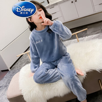 迪士尼品牌童装女童睡衣秋冬款法兰绒儿童家居服套装公主女孩珊瑚绒睡衣 蓝色 110cm