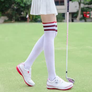 高尔夫球袜子女士过膝长袜三条杠百搭休闲长筒运动棉袜 白色(红黑条纹