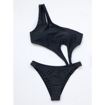 2020欧美连体比基尼泳装女士沙滩性感单肩镂空露脐连身bikini 黑色 s