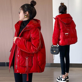 羽绒服女2022冬季短款小个子高端宽松显瘦亮面白鸭绒外套酒红色羽绒款
