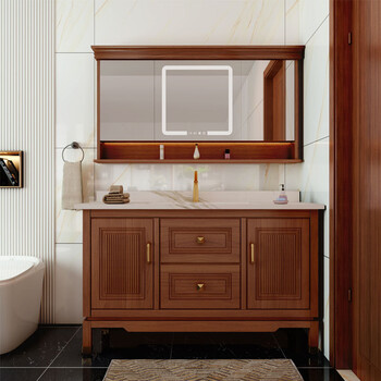 定制新中式浴室柜组合卫浴双盆落地柜橡木岩板洗手洗脸洗漱台盆柜 1