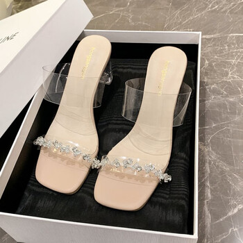 回力潮品法式水钻透明水晶跟拖鞋女夏一字带感粗跟拖鞋高跟鞋外穿凉拖