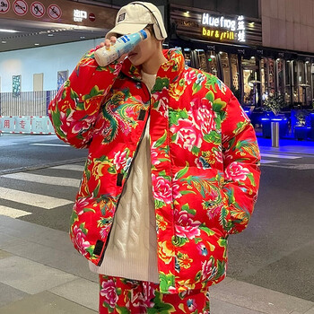 左斯客 东北加厚大花裤花棉袄套装网红ins超火潮流痞帅炸街棉衣胖子大