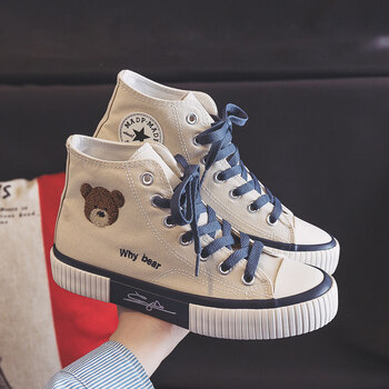 女生板鞋女夏季透气高邦高腰小熊高帮帆布鞋少女新款小白鞋初中生高中