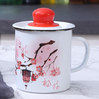 羽觞醉月大搪瓷杯子大茶缸家用大容量厚怀旧老式带盖铁茶缸子 9cm-560