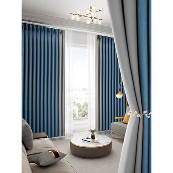 窗帘免打孔安装带杆一整全套主卧室遮光轻奢布年新款流行客厅轻奢蓝拼