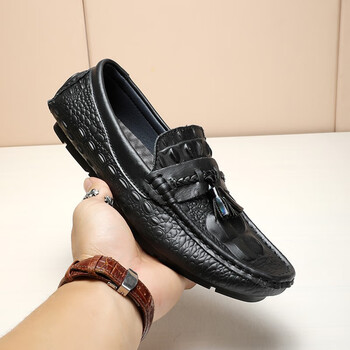 豆豆鞋男真皮2023年新款潮流头层牛皮鳄鱼纹大码流苏男士休闲皮鞋黑色