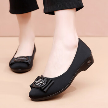 plover布鞋女士单鞋纯黑色工装鞋软底舒适浅口坡跟职业工作上班鞋