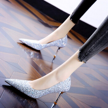 性感银色尖头细跟单鞋年春季百搭亮片舒适高跟鞋女银白39
