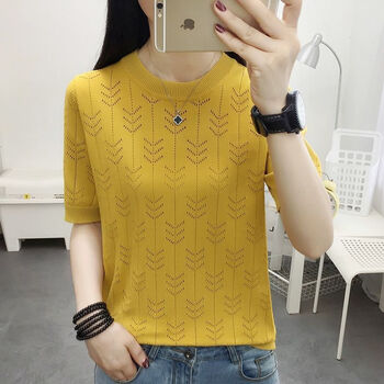 tjra 夏天穿的薄款短袖毛线衣女显瘦针织衫t恤冰丝2022年镂空短款上