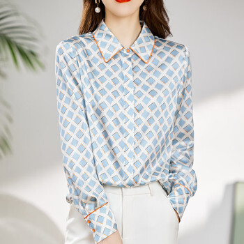 京霆杭州真丝衬衫女高端打底衬衣春秋新款杭州桑蚕丝长袖上衣蓝色