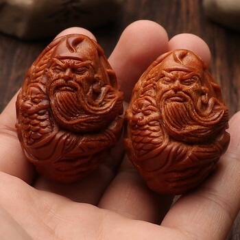 连湖帆国外超大籽印尼橄榄核雕刻手把件关公文玩老料一对健送母亲节
