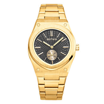 bestwin通圆形钢带手表男个性男士手表石英男表 金黑