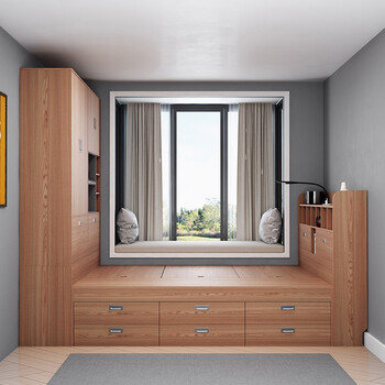 小户型卧室落地双人床抽屉床 榻榻米床 立柜 15cm乳胶床垫(原木色)