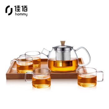 佳佰 玻璃茶具整套一壶四杯一茶盘 泡茶壶煮茶器加厚耐热耐高温烧水过滤茶壶办公功夫茶杯 600ml