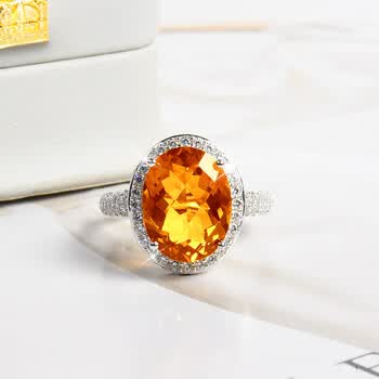 樱优天然黄水晶戒指女925银镶高品金橘色戴妃款水晶戒指彩色宝石定制