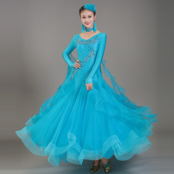 新款摩登舞大摆裙演出服国标舞比赛连衣裙华尔兹交谊舞裙003 湖蓝色 m