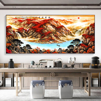 流水生财风景山水画客厅背景墙挂画办公室旭日东升装饰画马云办公 17