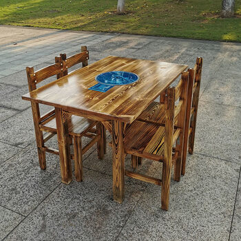 炭烧实木火锅桌长方桌火锅店烧烤店夜市煤气炉电磁炉一体商用桌椅