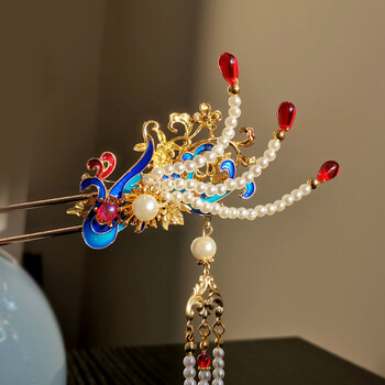 葵螂鳕栖凤汉服古典凤凰烧蓝明制珍珠流苏点翠发簪小凤对簪蓝色簪子支