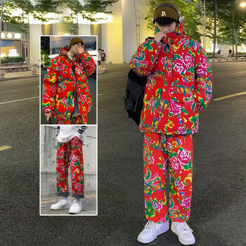 深海骏马衣服裤子中国风东北大花袄棉衣男加绒裤子搞笑视频花袄子大码