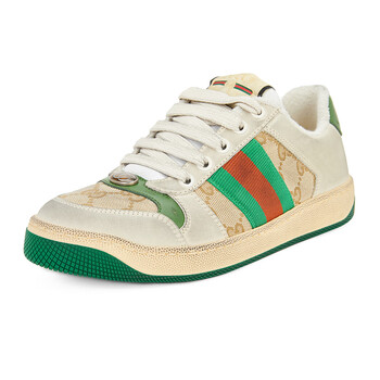 古驰 gucci 女士screener系列米色/咖啡色帆布拼皮做旧效果运动鞋
