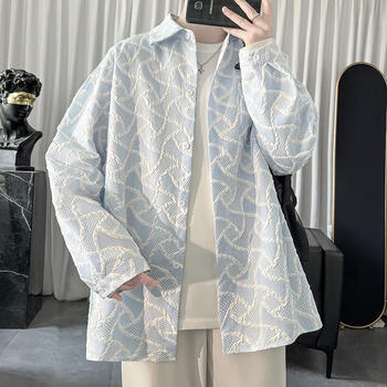 哈布蕾法式衬衫男感炸街s潮浮雕设计感盐系网红外套bf风情侣条纹蓝色m