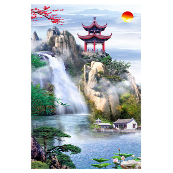 仙堂画竖版仙家堂口无活动物山水画亭子流水生财山水画风景自粘贴 图1