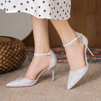 拍下优先发货水钻高跟鞋设计感小众2023年新款细跟气质女神范一字银色