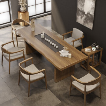 现代简约实木茶桌乌金石茶盘一体泡茶桌椅组合家用功夫大板茶台办公室