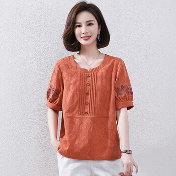 露依姬棉麻套装女夏季母亲节妈妈夏装纯棉短袖t恤中老年衬衫上衣两件