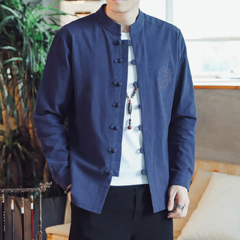 昭麓茶艺师服装男春秋中国风棉麻男长袖中式禅意茶服立领盘扣 藏青色