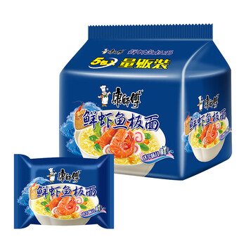 康师傅方便面 经典鲜虾鱼板面85g*5 泡面袋装 速食方便食品 五连包