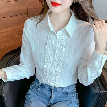 塔梵诺女士衬衣2024新款秋季时尚高档春夏女装衬衫纯色洋气蕾丝拼接