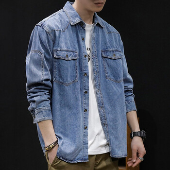 释延振复古牛仔衬衫男宽松工装休闲外套男士长袖衬衣秋冬季水洗潮牌