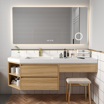 2022新款日式原木风浴室柜 原木色田园风浴室柜梳妆台一体组合斜边切