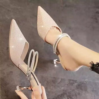 曼古町凉拖女外穿2023新款细跟尖头小高跟鞋半拖包头水钻一字带单鞋两