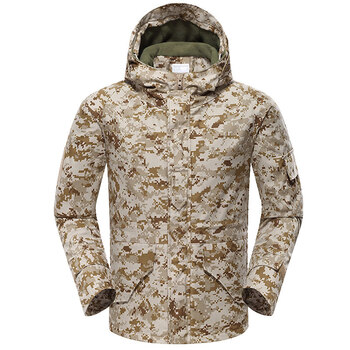 盾郎 迷彩服套装男耐磨冬季加绒迷彩冲锋衣加厚防水战术服三件套 三沙