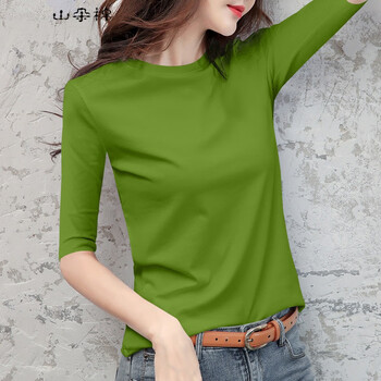 山朵棉烟灰色中袖t恤女新款修身七分袖紧身百搭圆领牛油果绿色小圆领l