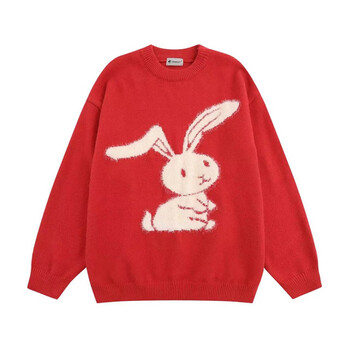悉良兔年本命年毛衣可爱毛绒兔子圆领针织衫女宽松秋冬打底毛线衣红色