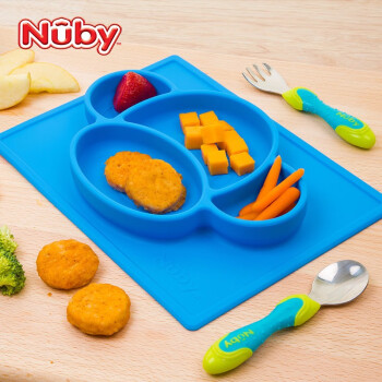 努比（Nuby）硅胶餐盘 婴儿宝宝辅食碗吃饭训练碗吸盘餐碗分格盘子餐垫碗套装 蓝色考拉