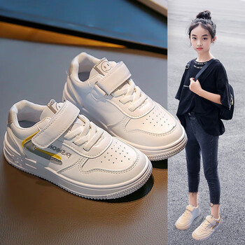 鸿星尔克女童鞋子板鞋2023新款跑步儿童皮面小白鞋女孩中大童小学米白