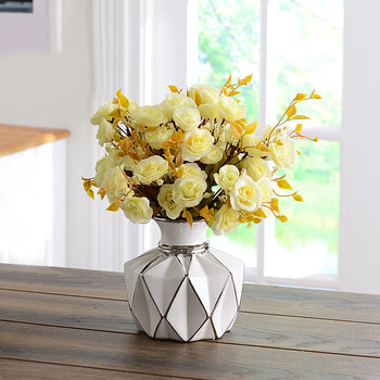 创意陶瓷插花花瓶摆件工艺品客厅餐桌装饰花器 矮款白搭白色玫瑰