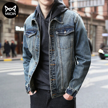 猫人miiow夹克男牛仔外套衣服宽松时尚休闲2022秋冬季男士上衣纯色