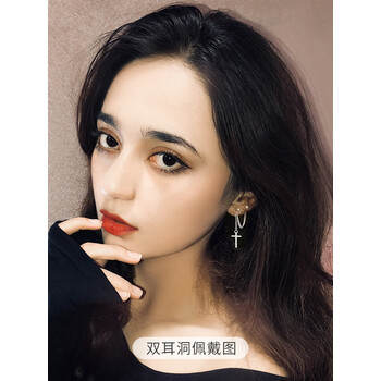 郦狼双耳洞连体耳环十字架耳环潮耳坠冷淡风双耳洞十字架耳钉