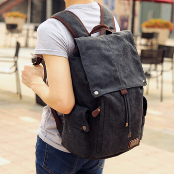 沭白潮流男士帆布双肩包中学生书包大容量旅行包15吋电脑背包复古男包