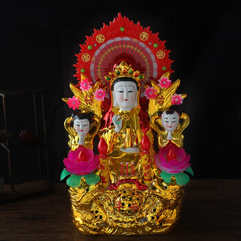 陶瓷观音菩萨佛像白玉镀金插电观音莲花灯双童家用工艺摆件20寸双龙戏