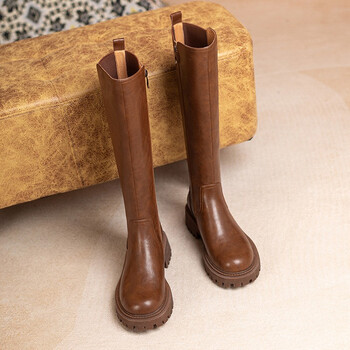 欧美直筒靴不过膝真皮厚底显瘦增高英伦烟筒靴长筒骑士靴女高筒靴深