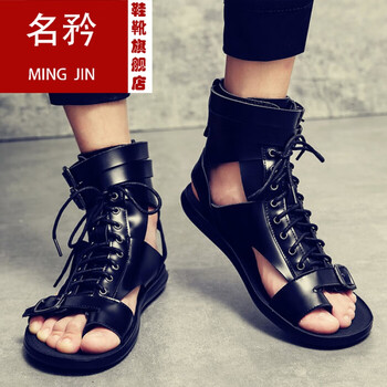 名矜凉鞋男夏季青少年朋克复古潮流时尚罗马鞋系带露趾外穿休闲黑色38