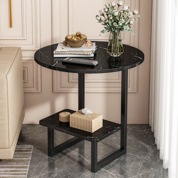 立太边几小桌子轻奢小茶几卧室迷你角几小圆桌欧式边桌圆形双层黑纹理
